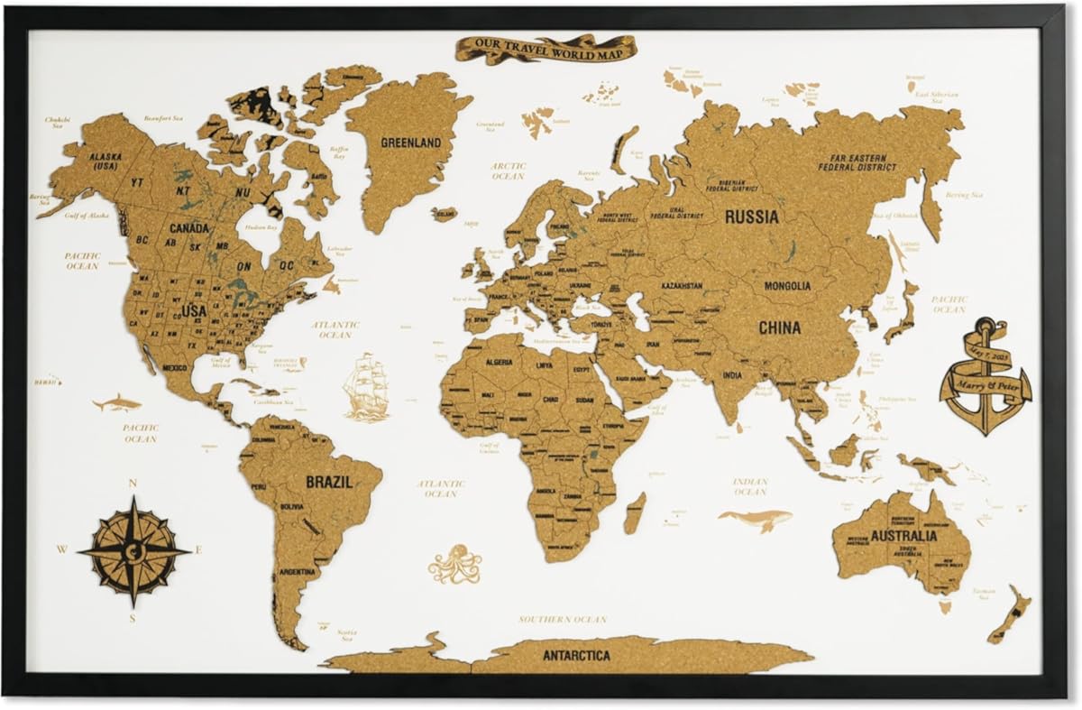 Framed White Cork World Map Wall Art – 36.6 x 24 inches – 1-Piece Design – Modern Travel Pin Board – Office & Home Decor