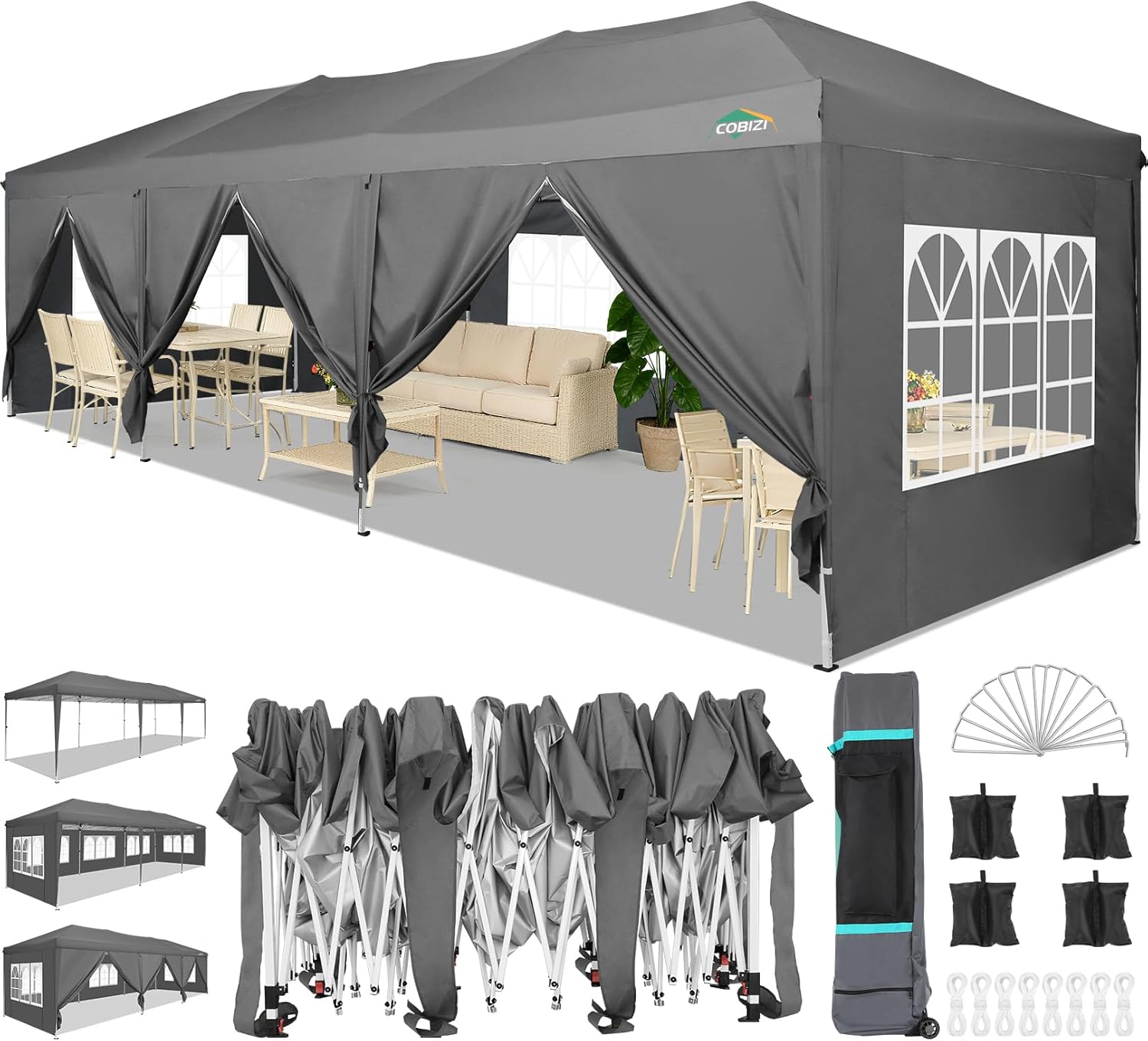 COBIZI Canopy 10x30 Pop Up Canopy Tent with 8 Sidewalls Party Tents for Parties Wedding Backyard Waterproof Canopy Outdoor Commercial Canopy Event Tent with Stakes, Ropes, Sandbags, Grey