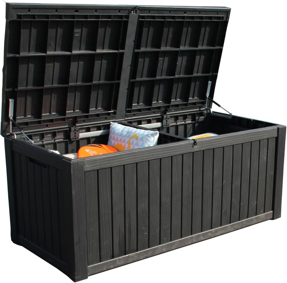 BTEXPERT 150 Gallon Large Resin Deck Box, Outdoor Storage Container with Metal Rods & Partition for Patio Furniture Cushions Garden Tools Equipment Waterproof Lockable UV Resistant