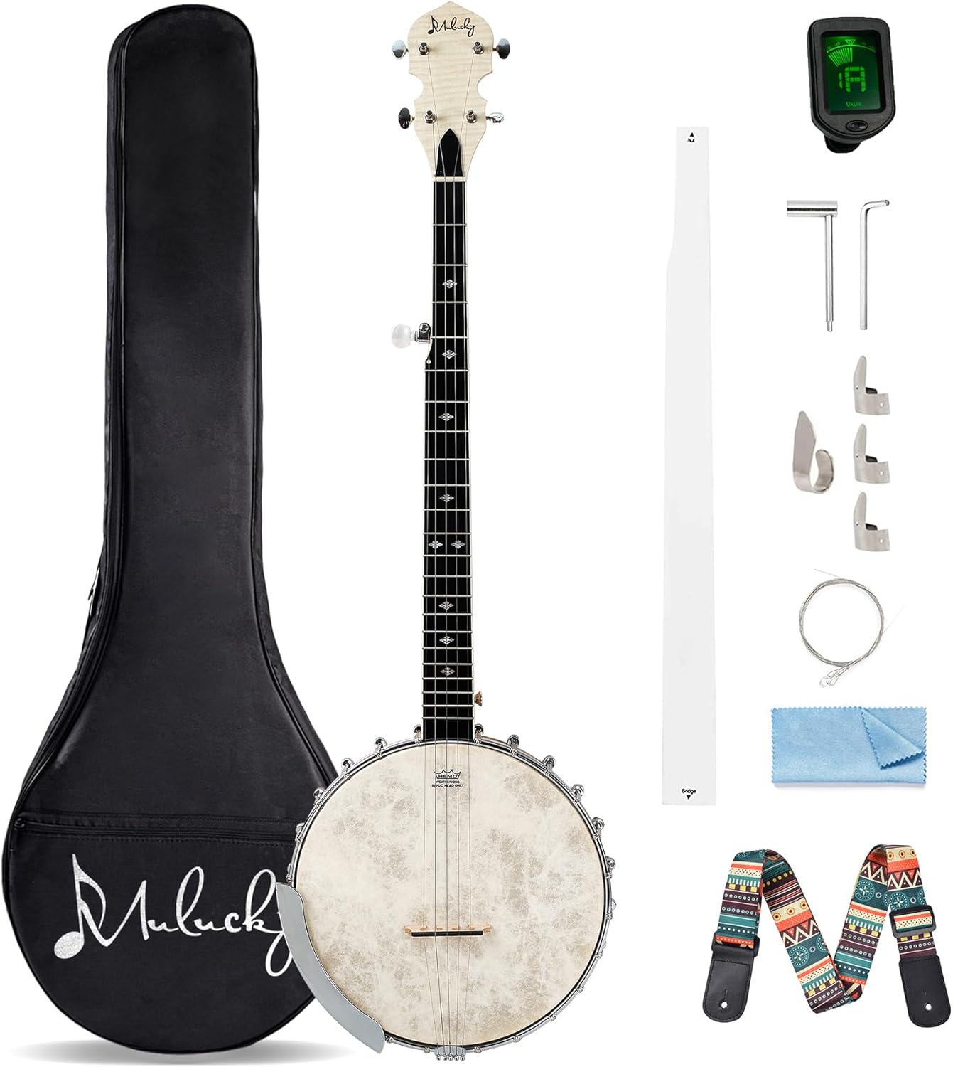 Mulucky 5 String Banjo - Full Size with 24 Brackets, Open Back, Maple Banjo with Remo Head, Geared 5th Tuner, Gift Package with Beginner Kit - B1102