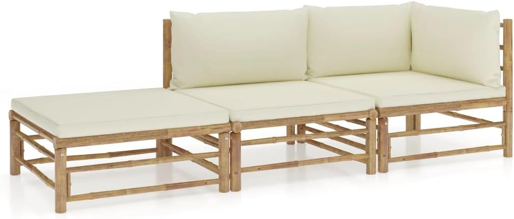 3 Piece Patio Lounge Set with Cream White Cushions Bamboo,Bamboo Patio Lounge Set with Cushions: Modular, WeatherResistant, and Comfortable Patio Furniture Sets, Outdoor Furniture Sets