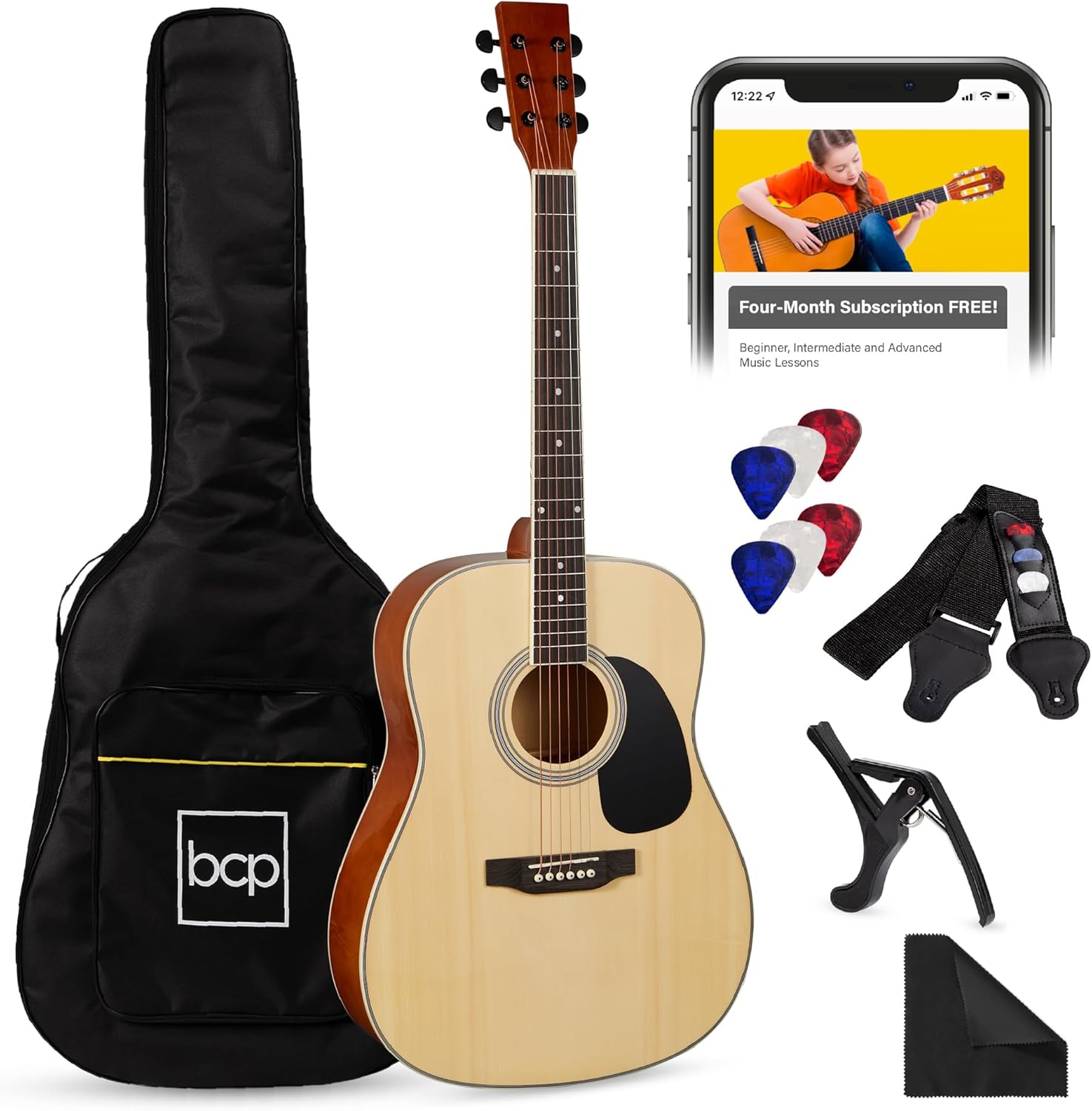 Best Choice Products 41in Full Size Beginner All Wood Acoustic Guitar Starter Set w/Gig Bag, Strap, Capo, Strings, Picks - Natural