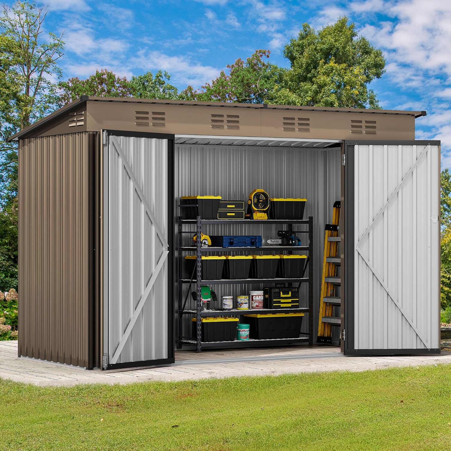 DWVO 9.1' x 4.2' Outdoor Storage Shed, Large Metal Tool Sheds, Heavy Duty Storage House with Lockable Doors & Air Vent for Backyard Patio Lawn to Store Bikes, Tools, Lawnmowers,Brown