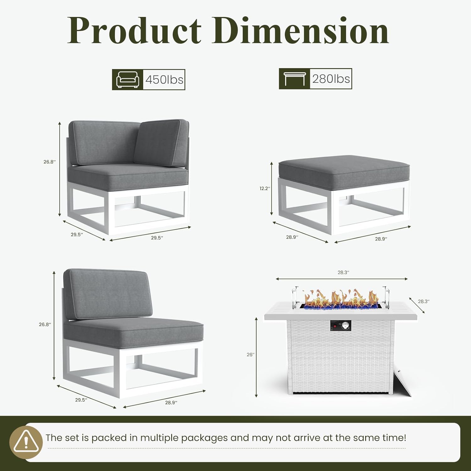 LayinSun 11 Pieces Modern Aluminum Patio Furniture Set with Fire Table, Outdoor Modular Sectional Conversation Set L-Shaped Sofa for Backyard