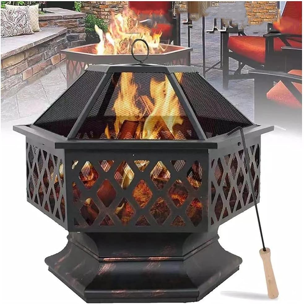 Outdoor Fire Pits 24Inch, Hex Shaped Fire Bowl Hexagon Fire Pit Iron Brazier Wood Burning Coal Pit with Spark Screen Cover for Backyard Garden Patio Bonfire Heating and BBQ