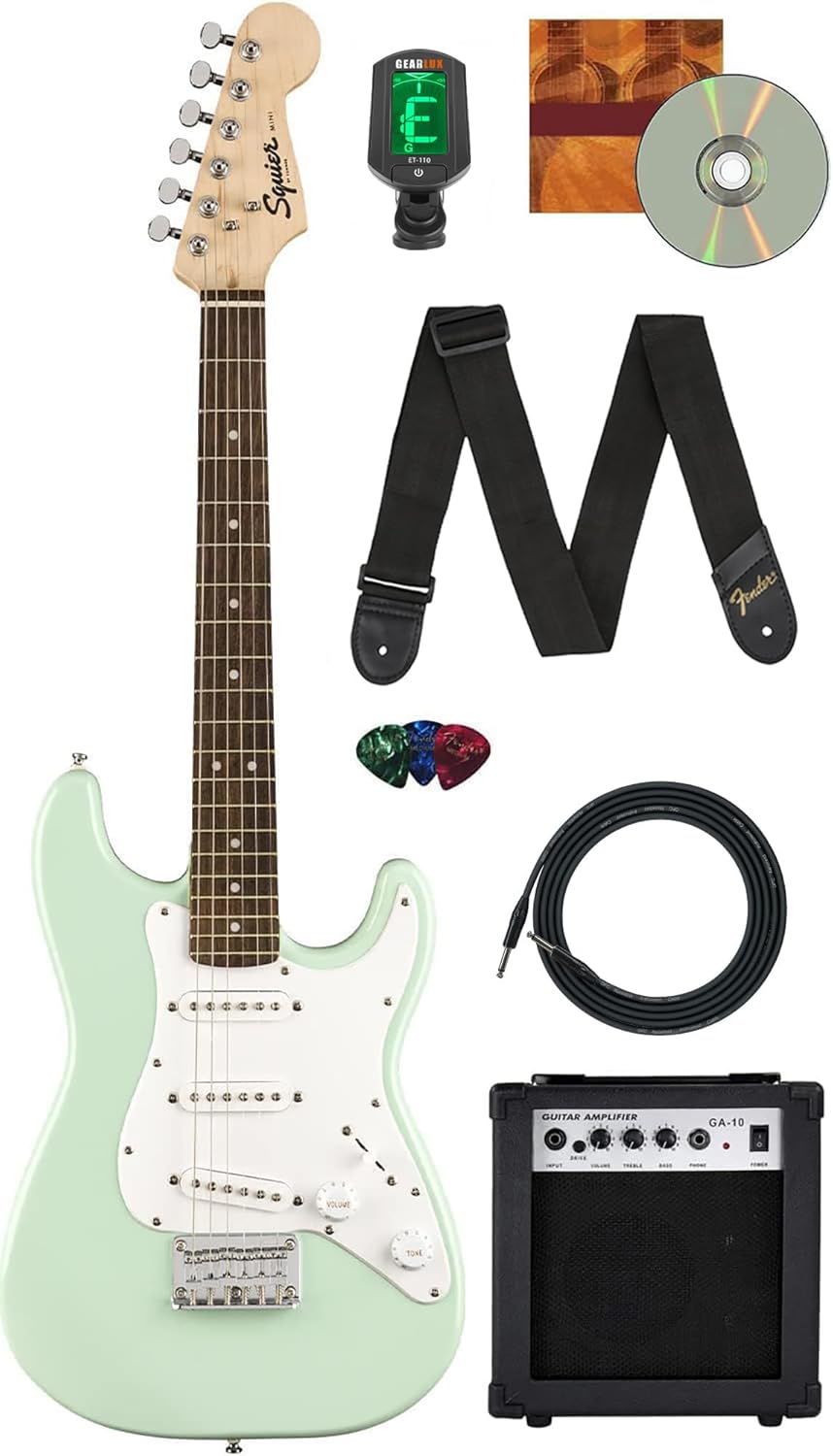 Fender Squier 3/4-Size Kids Mini Strat Electric Guitar - Surf Green Bundle with Amplifier, Cable, Tuner, Strap, Picks, Online Lessons, and Austin Bazaar Instructional DVD