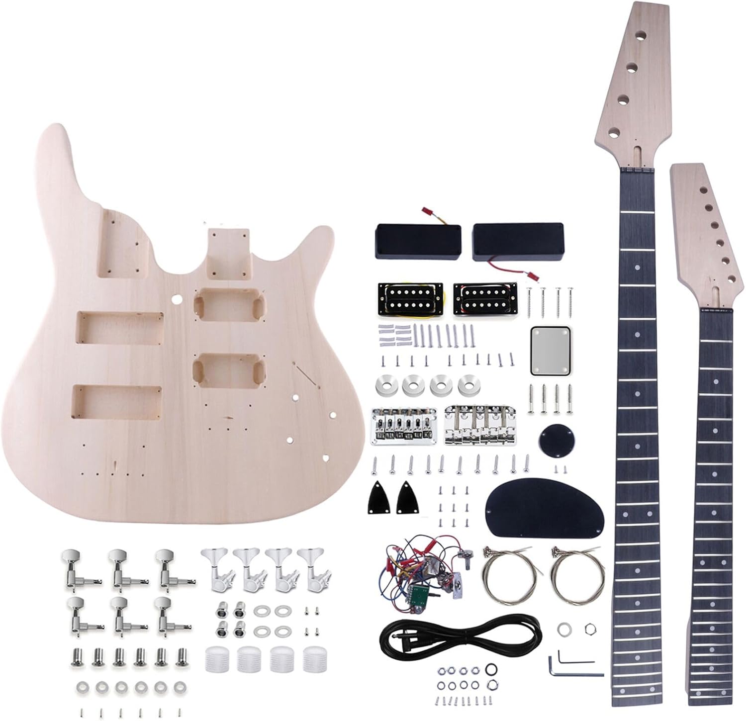 Double Neck DIY Electric Guitar and Bass Kit 6 String and 4 String Guitar Kit with Basswood Body Hard Maple Neck Engineered Fretboard Chrome Hardware Build Your Own Bass and Guitar.