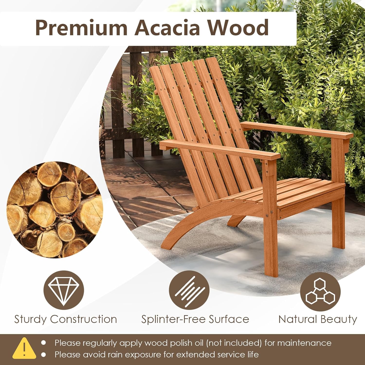 DORTALA Adirondack Chair, Acacia Wood Fire Pit Chair with Backrest and Armrests, 400 LBS Weight Capacity, Outdoor Lawn Chair for Patio, Backyard, Deck and Poolside (4)