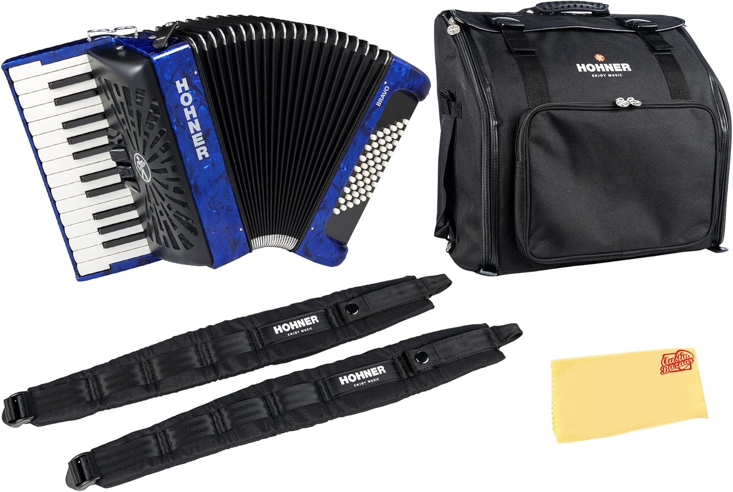 Hohner Bravo II 48 Chromatic Piano Key Accordion - Blue Bundle with Gig Bag, Adjustable Straps, and Austin Bazaar Polishing Cloth