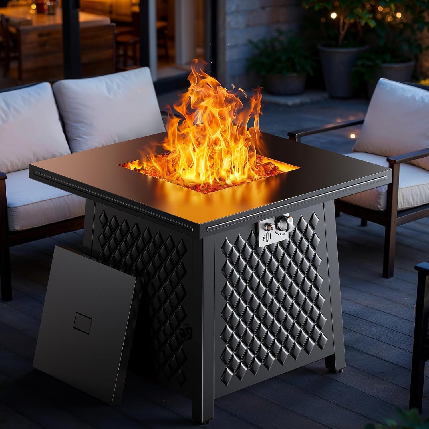 Ciays 28 Inch Propane Fire Pits,50,000 BTU Gas Fire Pit Table for Outsides with Steel Lid and Lava Rock, 2-in-1 Square Fire Table for Gatherings Parties on Patio Deck Garden Backyard, Black