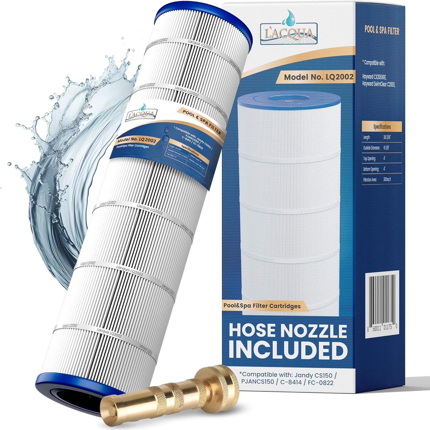 LACQUA Pool Filter Cartridge LQ2002 for Jandy CS200, R0462400, PJANCS200, Unicel C-8418, Filbur FC-0823, Ultral-B9, Aladdin 35002. Hose Nozzle Included