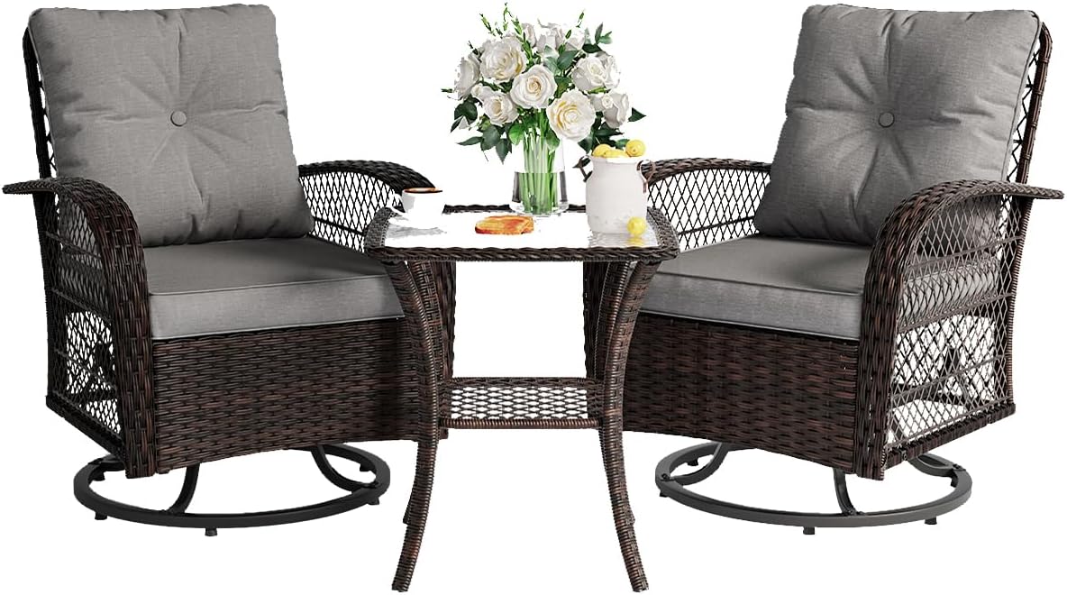 3 Pieces Patio Furniture Set, Outdoor Swivel Glider Rocker, Wicker Patio Bistro Set with Rocking Chair, Thickened Cushions and Table for Porch (Grey)