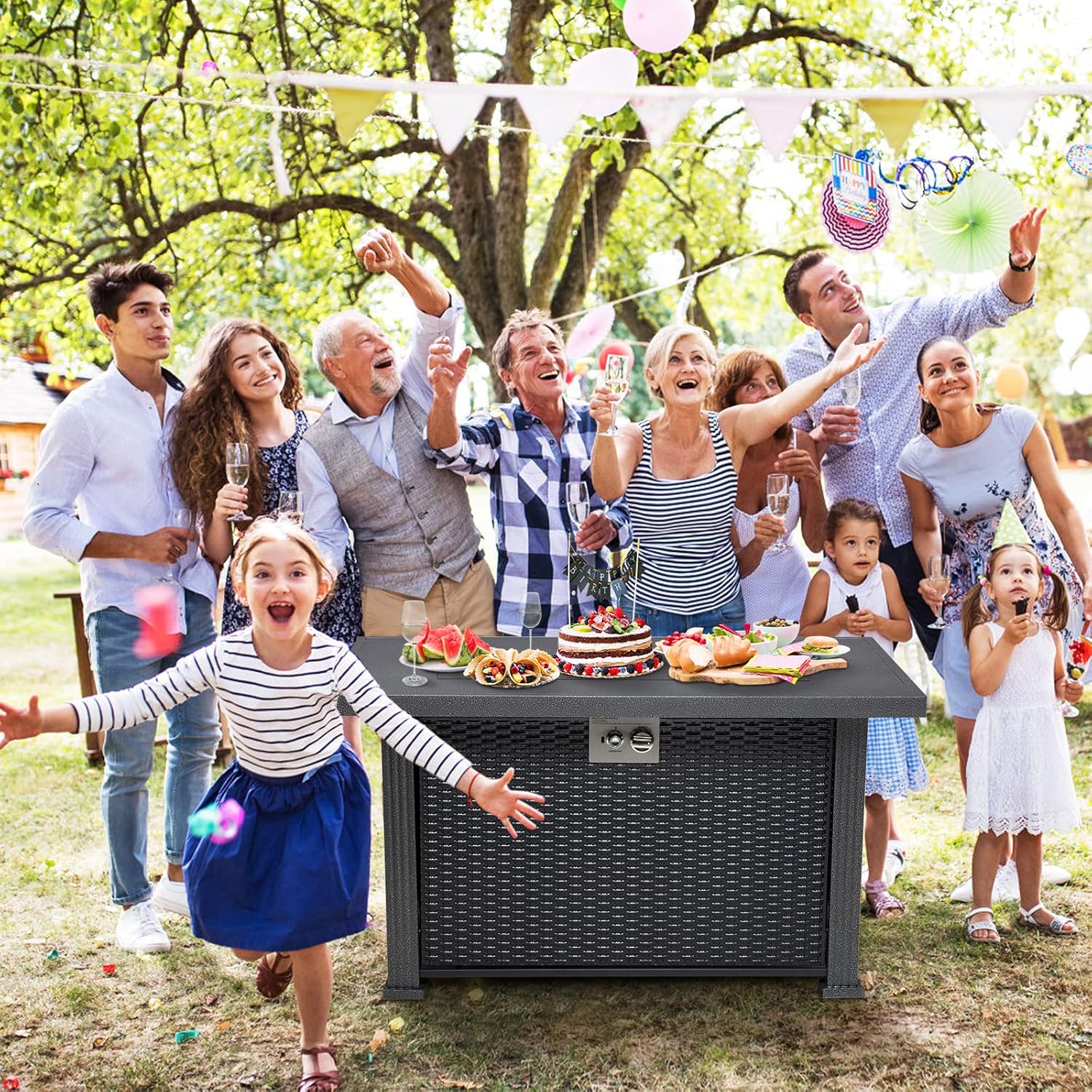 44 Inch Propane Fire Pit Table, 50000BTU Rectangle Fire Table with Cover & Rain Cover, Sturdy Steel and Iron Fence Surface, CSA Safety Certified, Companion for Your Garden