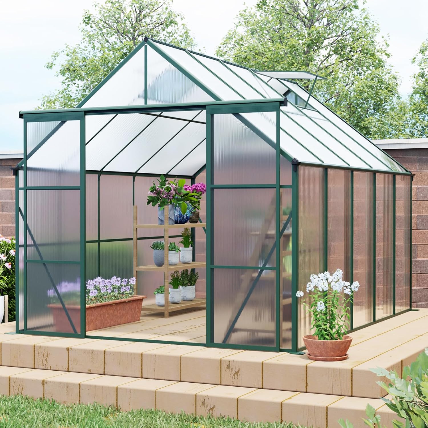 8x10FT Polycarbonate Green Houses for Outside Garden Backyard,Large Walk-in Greenhouse for Outdoors and Winter Garden Planting with Sliding Doors and Vent Window (8*10FT/Green, Double Doors)