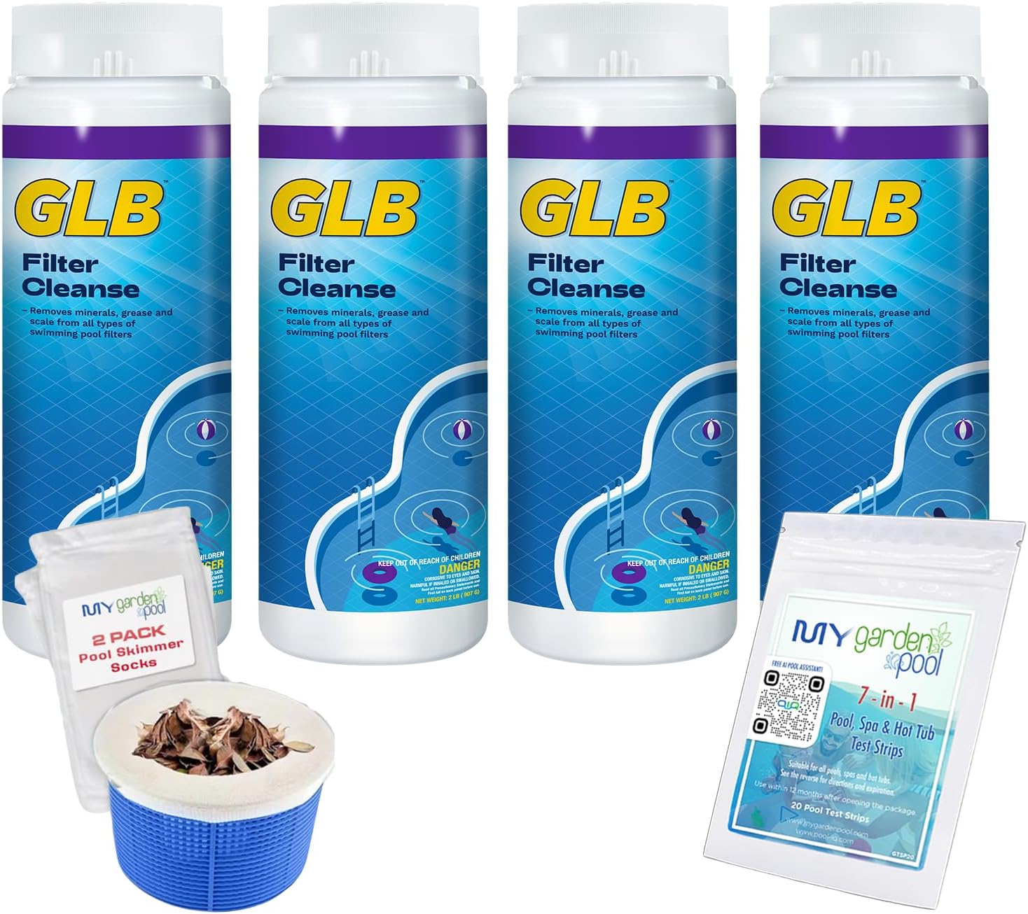 GLB Filter Cleanse 2lb (71006A) 4-Pack with My Garden Pool 7-in-1 Test Strips & 2 Skimmer Socks – Restores Filtration & Water Clarity