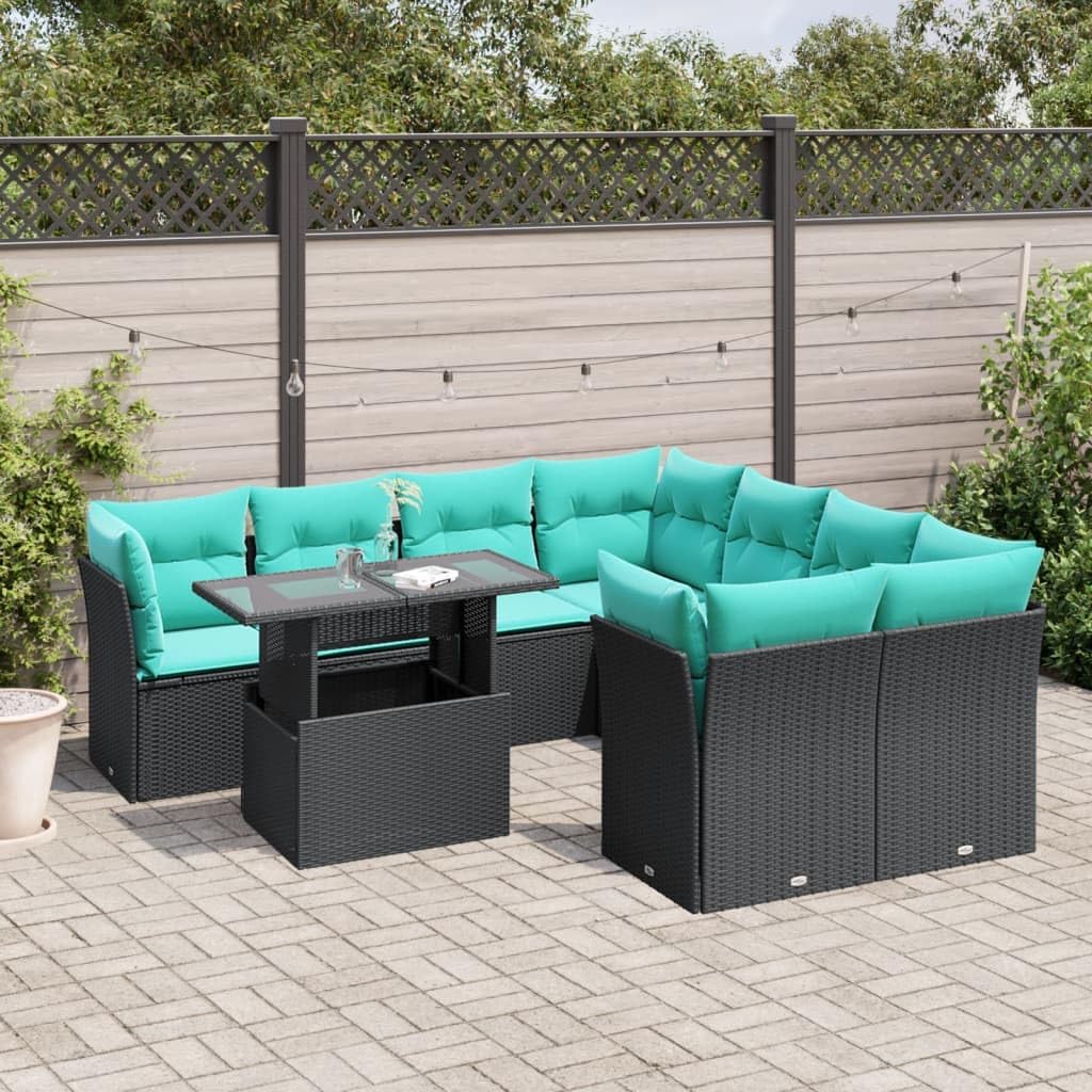 9 Piece Garden Sofa Set with Cushions, Black Poly Rattan, Adjustable Table, Outdoor Patio Furniture, Weather-Resistant, Dining Table Set