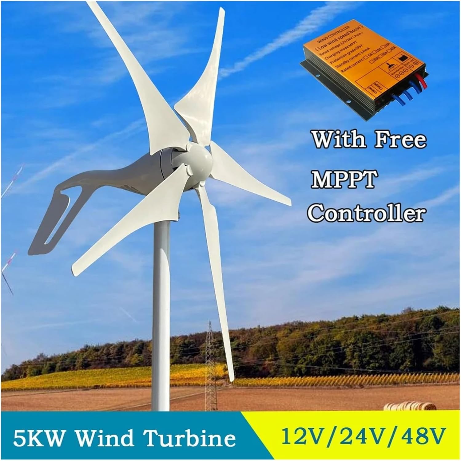 5000W Horizontal Wind Turbine 12V 24V 48V Small Power Generator Low Noise Windmill for Small Household Farms Low Starting Speed for Home(Hybrid Control,48V)