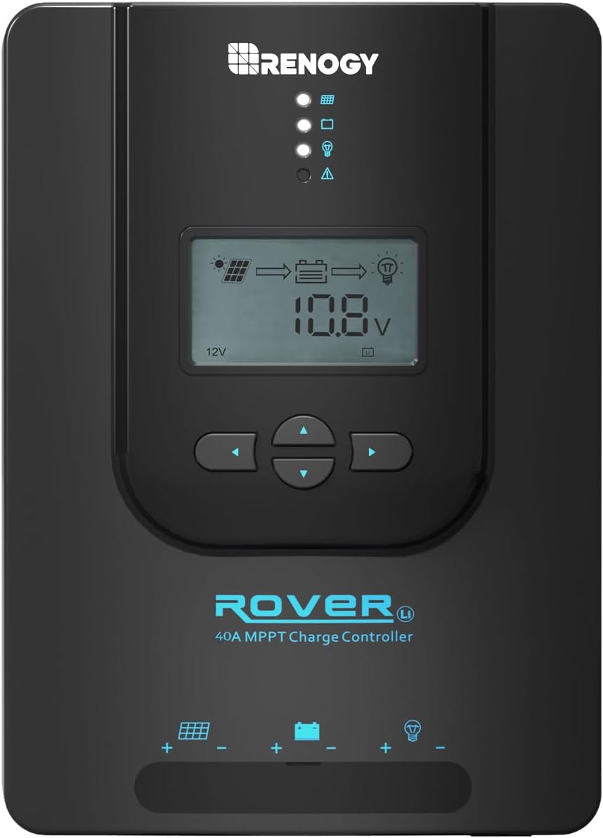 Rover 40A MPPT Solar Charge Controller & BT-2 Smart Monitor - Auto 12V/24V for Lithium/AGM/Gel Batteries + Wireless App Control, 6kV Surge, IP54 Waterproof