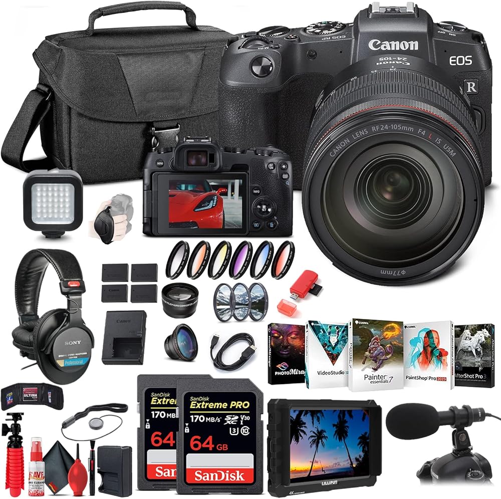 Canon EOS RP Mirrorless Digital Camera with 24-105mm Lens (3380C012) + 4K Monitor + Pro Headphones + Pro Mic + 2 x 64GB Memory Card + Color Filter Kit + Case + Filter Kit + More (Renewed)