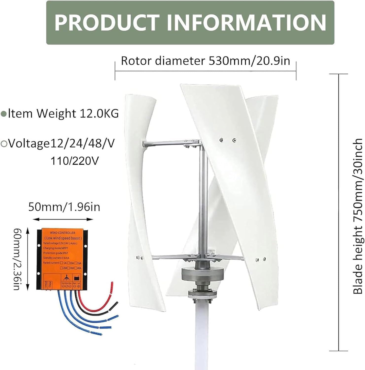 Vertical Wind Turbine Generator Kit 20000W No Noise Vertical Axis Wind Turbine Generator,220V 12V 24V 48V Magnetic Levitation Wind Turbine with MPPT Controller for Home Street Lighting(White,110V)