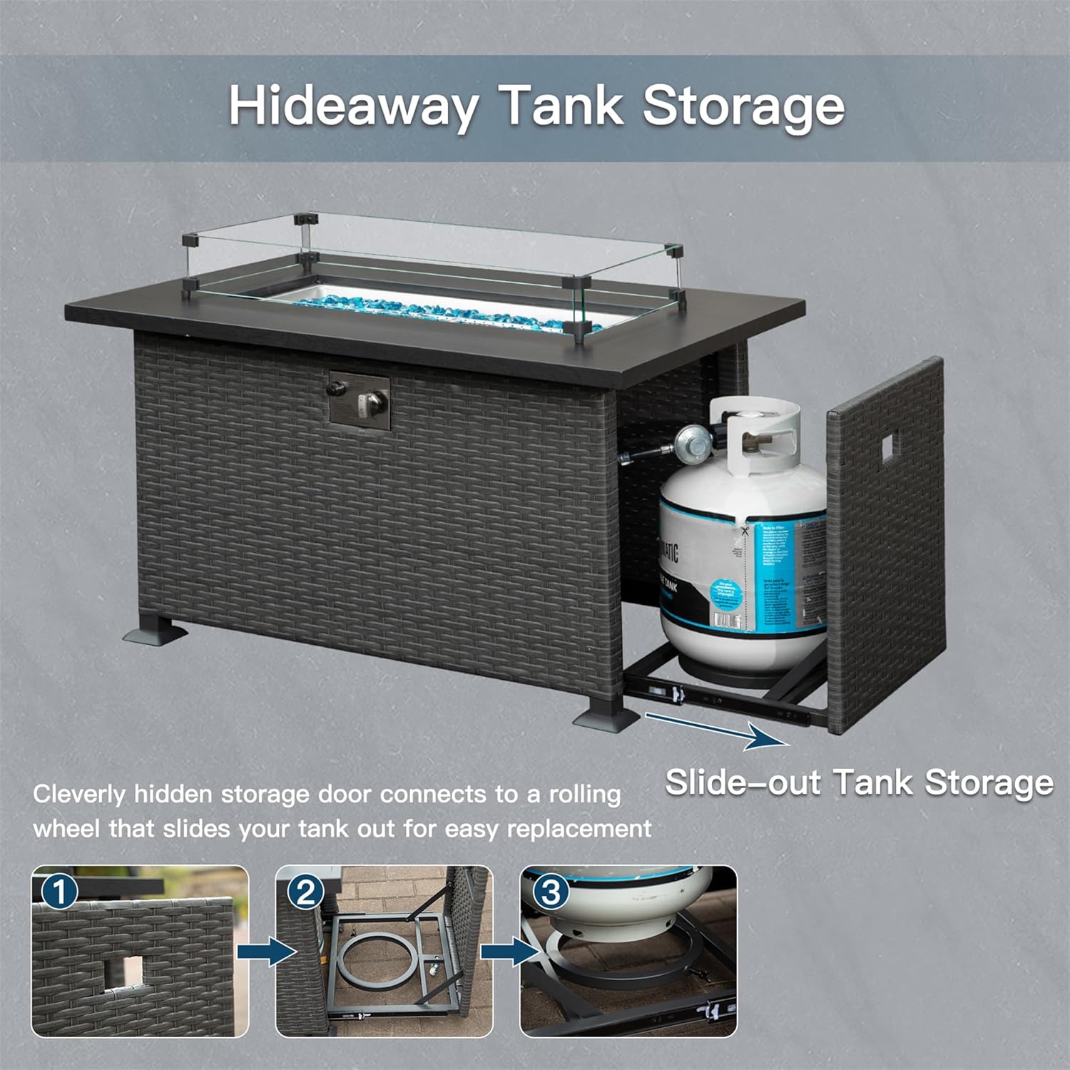 Outdoor Fire Pit Table 43.3 Inch with Glass Wind Guard Lid Fire Glass Beads, 50,000 BTU Smokeless Fire Pits for Outside,Outdoor Wicker Propane Gas Fire Pits for Patio (Dark Gray)