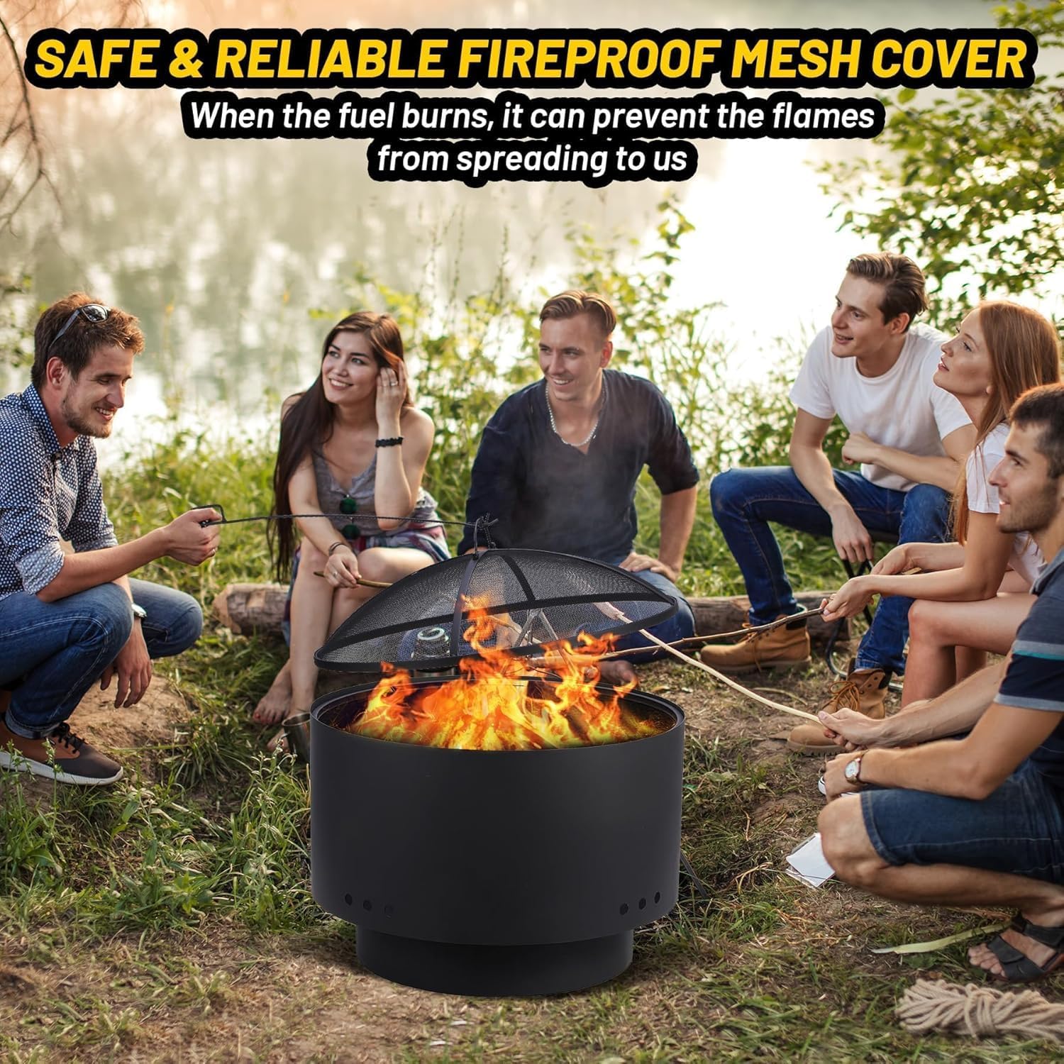 Outdoor Fire Pit with Grill Grate, Wood Burning Fire Bowl for Backyard & Patio, Fireproof Mesh Cover, Stable Burning, Multi-Fuel Design for Warmth and Casual Grilling