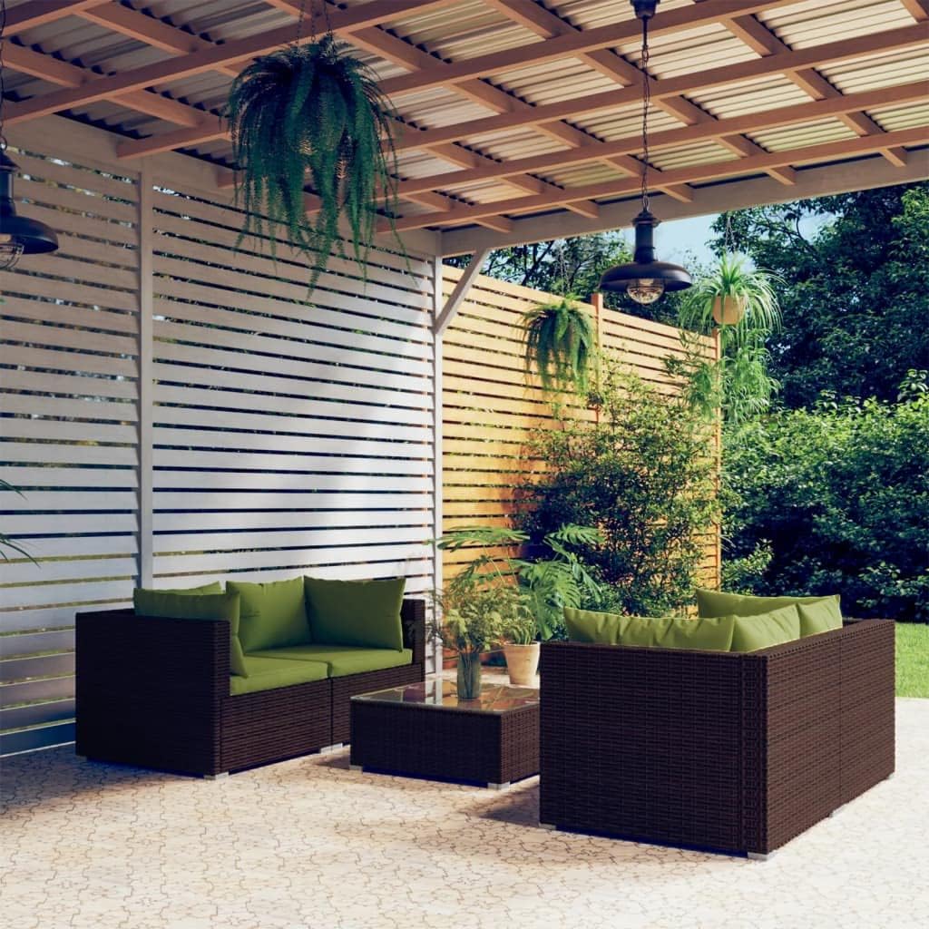 5 Piece Patio Lounge Set with Cushions Poly Rattan Brown,Premium Modular Poly Rattan Patio Lounge Set with Green Cushions for Outdoor Relaxation Patio Furniture Sets, Outdoor Furniture Sets