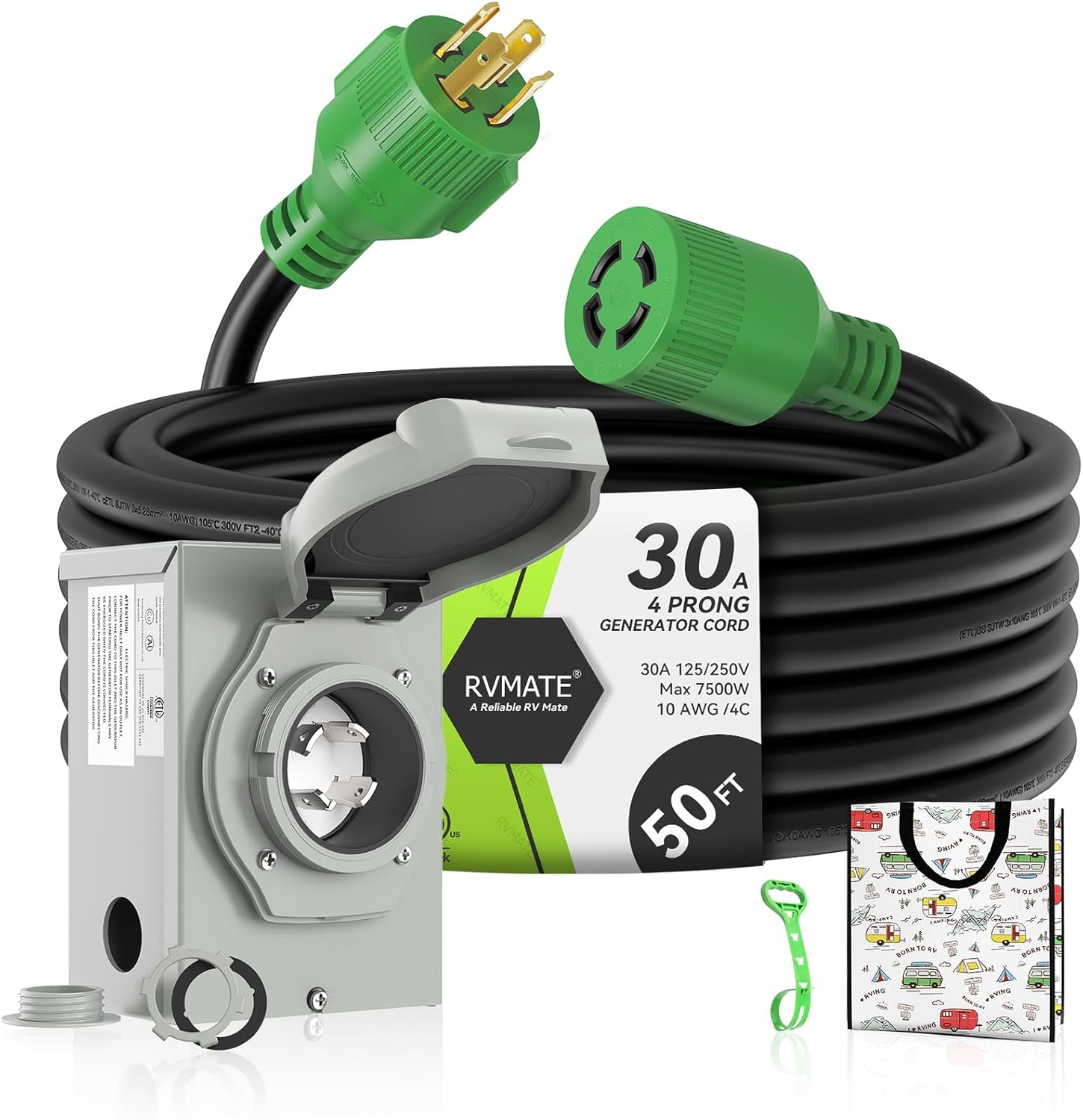 RVMATE 4 Prong 30 Amp Generator Cord (50FT) and Pre-Drilled Power Inlet Box Waterproof Combo Kit, NEMA L14-30P to L14-30R Generator Cord with NEMA L14-30P Generator Inlet, ETL Listed