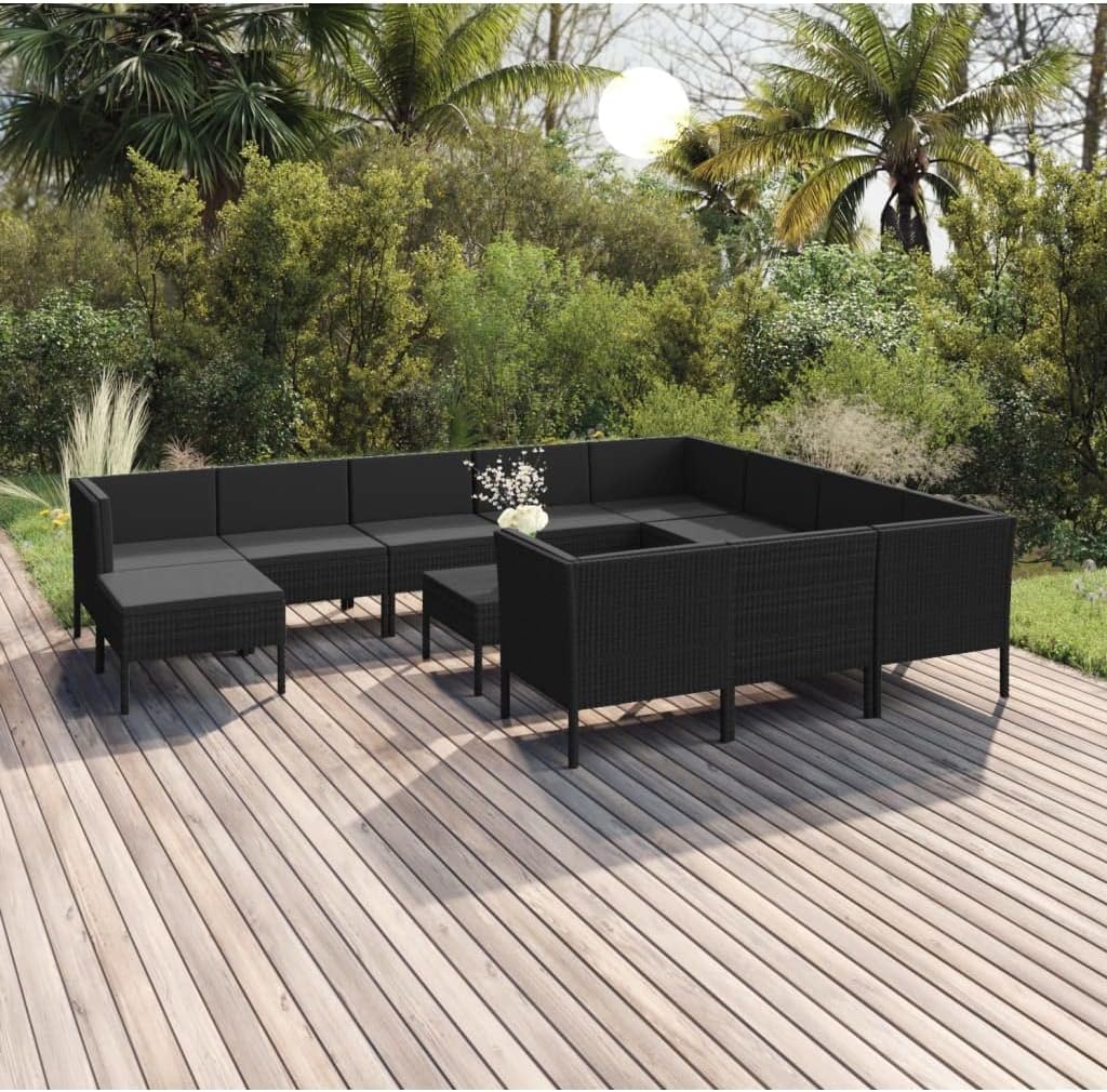 12 Piece Patio Lounge Set with Cushions Poly Rattan Black,Black Rattan Patio Lounge Set for Relaxing Outdoor Relaxation Patio Furniture, Outdoor Furniture Sets