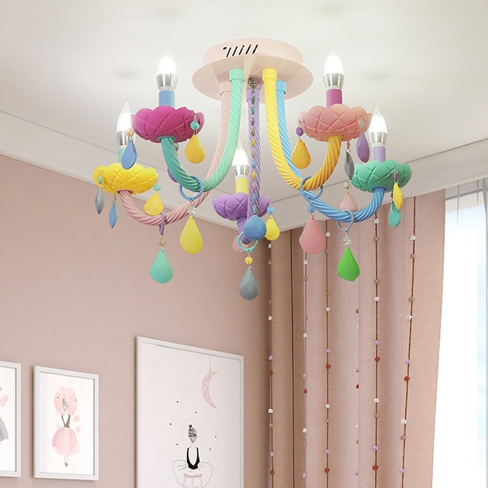 Skyblaze Crystal Ceiling Light Fixtures, Kids Room Macaron Ceiling Light, Colorful Flush Mount Chandelier, Modern Candle Ceiling Lamp for Bedroom Nursery Bathroom