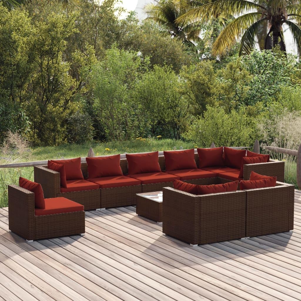 Furniture Sets 10 Piece Patio Lounge Set with Cushions Poly Rattan Brown,Versatile and Relaxing: Outdoor Rattan Patio Lounge Set for Ultimate Comfort Garden Conversation Sets