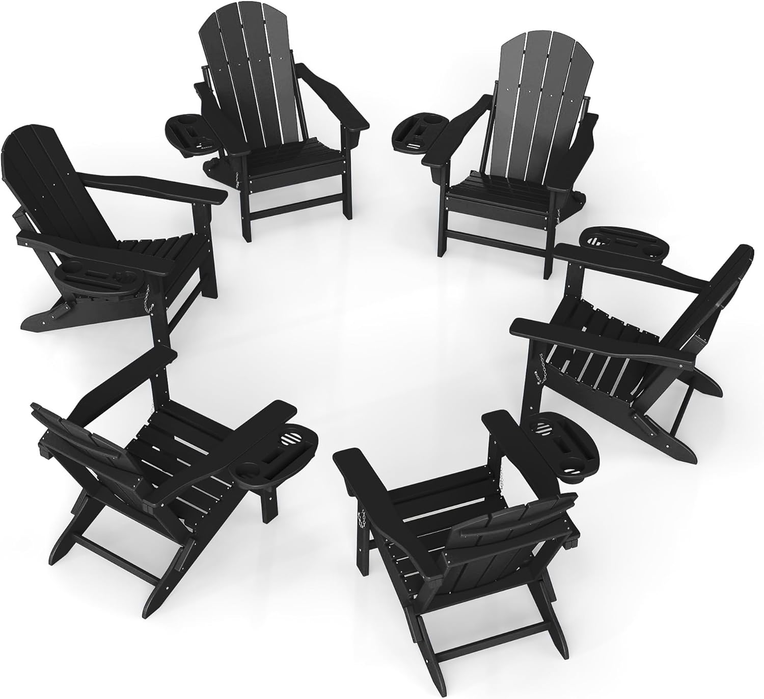 FOOWIN Folding Adirondack Chair Set of 6, HDPE Adirondack Chairs with Cup Holder, Weather Resistant Plastic Fire Pit Chairs for Outdoor, Patio, Lawn, Garden, Backyard, Deck, Black
