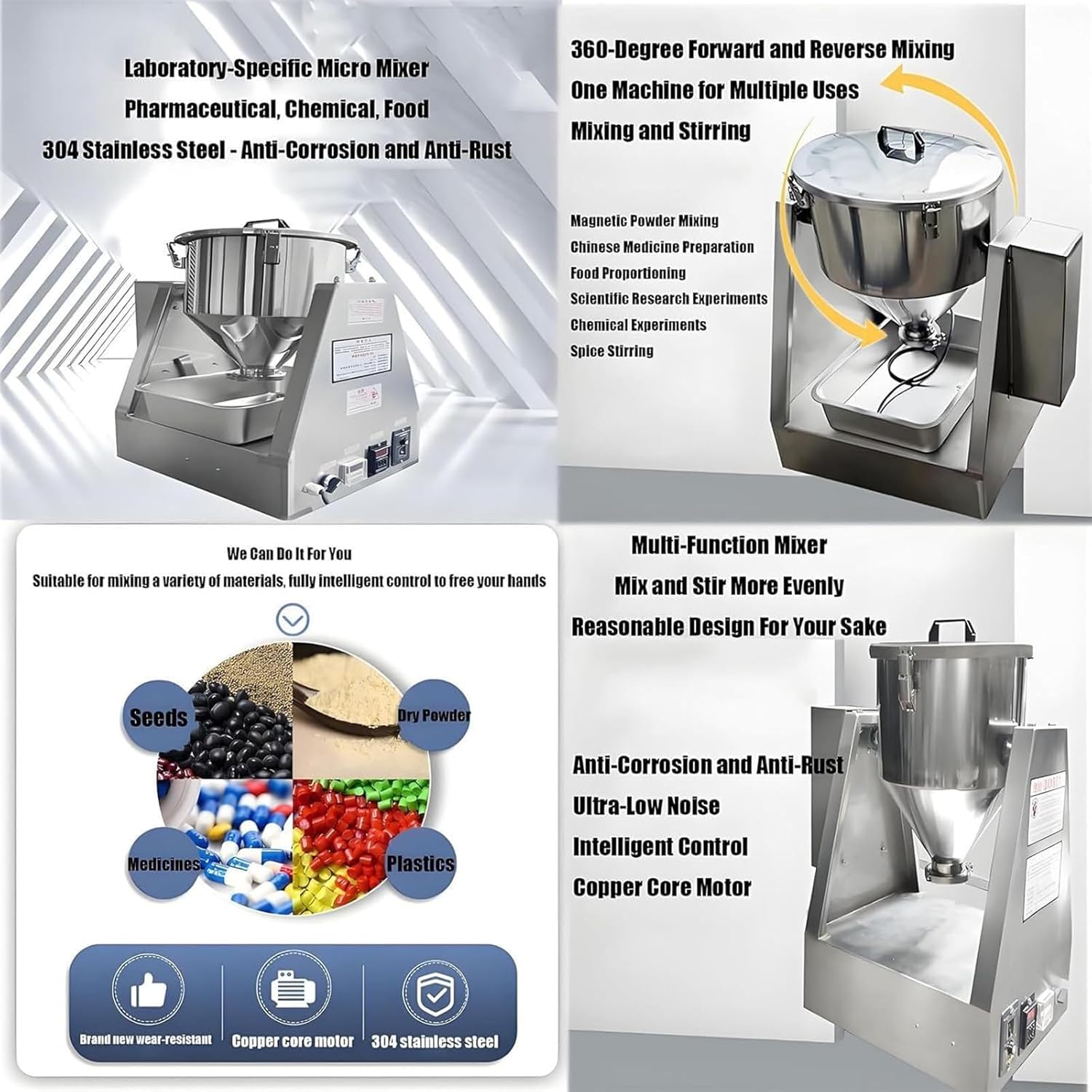 Electric 304 Stainless PowderBlenderLab Dry Dough Powder DrumMixer,Cone Shape Dry Powder Mixer for Food and Chemical Dry Powder Mixing Machine 40L