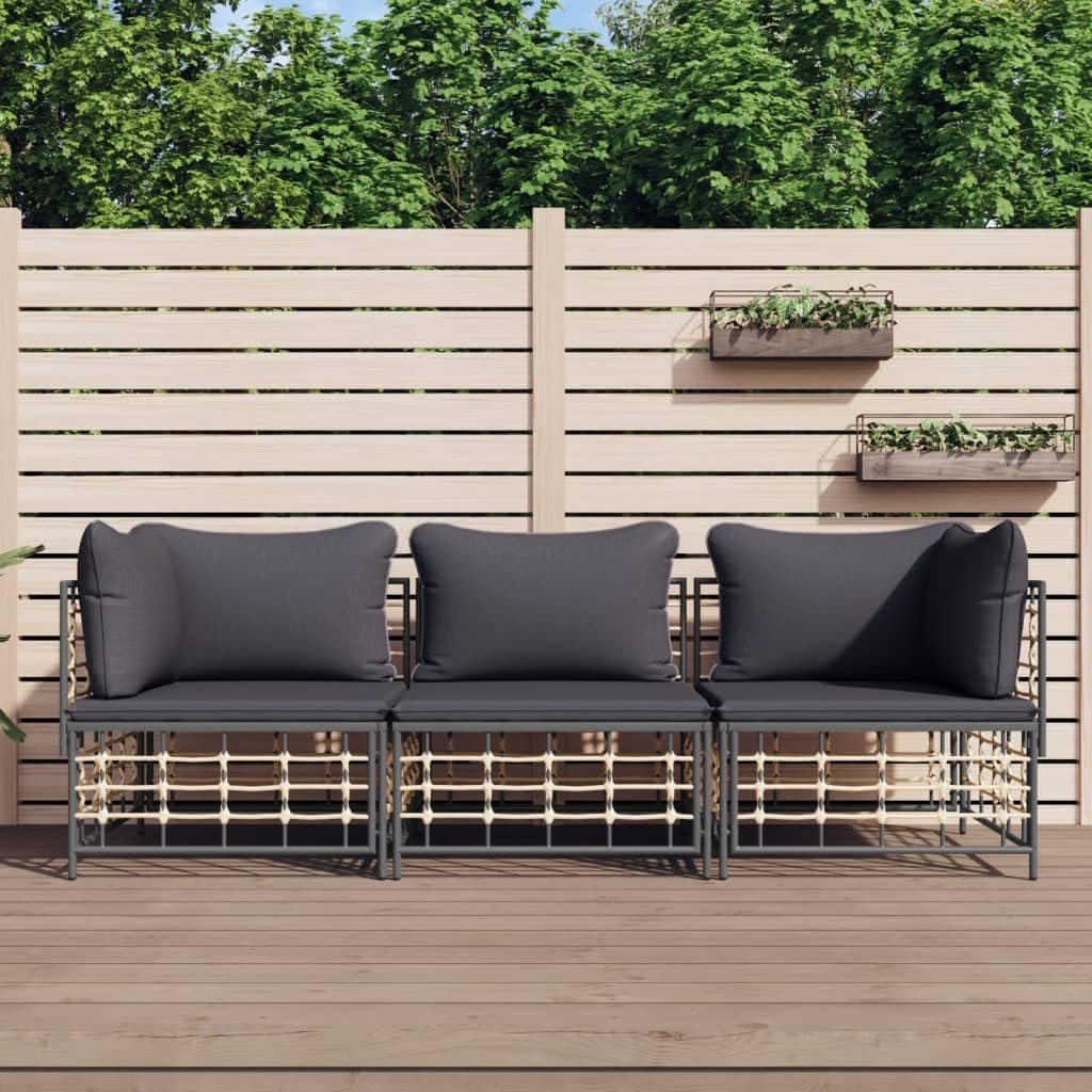 Patio Furniture, 3 Piece Patio Lounge Set with Cushions Anthracite Poly Rattan