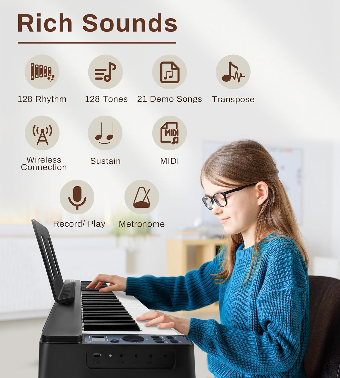 61 Key Folding Piano Keyboard, Semi-Weighted Key Folding Piano, Portable Piano Keyboard, Wireless & MIDI, Foldable Electronic Keyboard Piano for Beginners (Black)