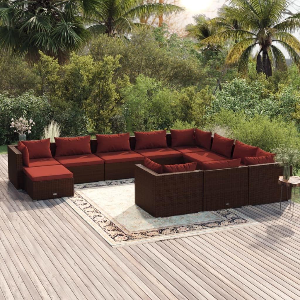 11 Piece Patio Lounge Set with Cushions Poly Rattan Brown,Classic Poly Rattan Patio Lounge Set with Cushions for Outdoor Relaxation and Comfort Furniture Sets for Patio, Lawn & Garden