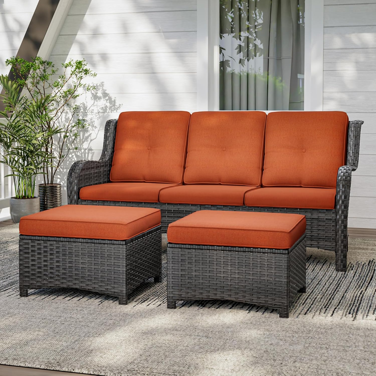 3-Piece Patio Conversation Set, Outdoor Furniture Wicker Patio Set Includes 3-Seat Sofa and 2 Ottomans, Brown Mixed Rattan, Cushion Orange