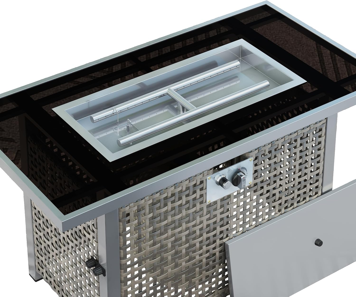 43 Inch Propane Fire Pit Table with Glass Wind Guard, 60,000 BTU Outdoor Rectangular Wicker Fire Pit for Patio, Grey Weave Design Fire Pit Table for Backyard Garden Deck, Not Included Propane & Cover