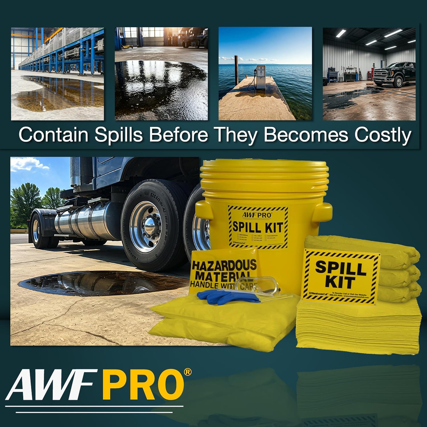 AWF PRO 20 Gallon Hazmat Spill Kit, 59 Pieces – 20 gal DOT Approved Drum, Socks, Pads & Pillows, & Accessories