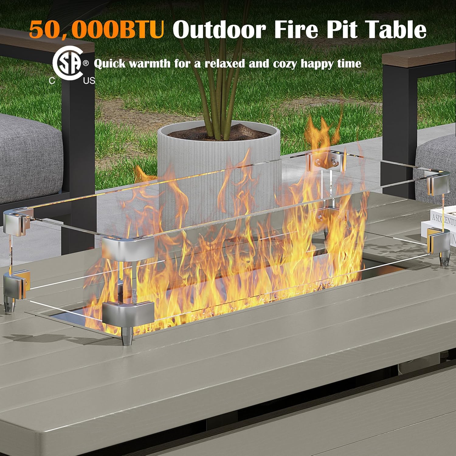 Sundale Outdoor 51 Inch Outdoor Fire Pit Table, 50,000BTU Rectangle Propane Fire Pit with Sliding Tank Holder, Glass Wind Guard, Dust Cover, Removable Lid, CSA Certified, Olive Green