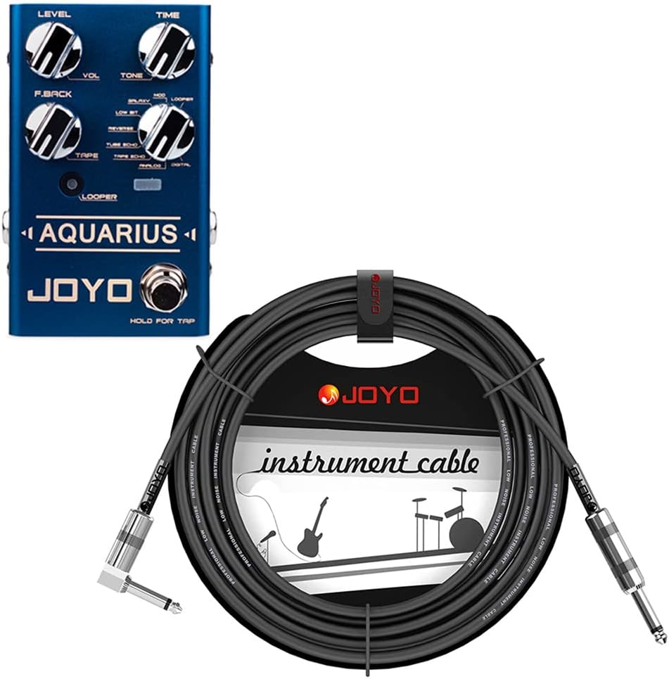 JOYO Aquarius Digital Delay Effect Pedal R-07 Bundle with Mono 6.35mm Guitar Pedal Amplifier Instrument Cable 15 Feet CM-12