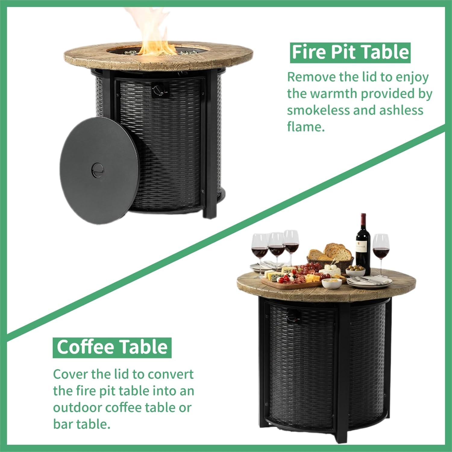 30 Inch Outdoor Propane Fire Pit Table,50000 BTU Steel Gas Firepit with with Woodgrain Top & Lava Rocks, Portable Round Patio Heater for Deck Garden Backyard