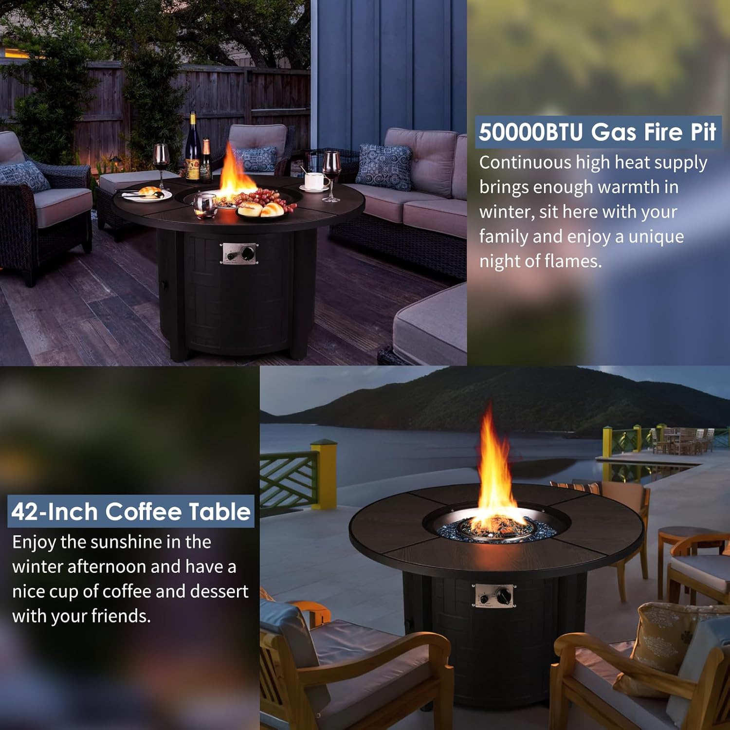 TLSUNNY 42in Propane Fire Pit Table, 50,000 BTU Auto-Ignition Outdoor Patio Fire Pit with Waterproof Cover, Blue Fire Glass & Convertible Lid – CSA Certified,for Patio, Balcony,Garden