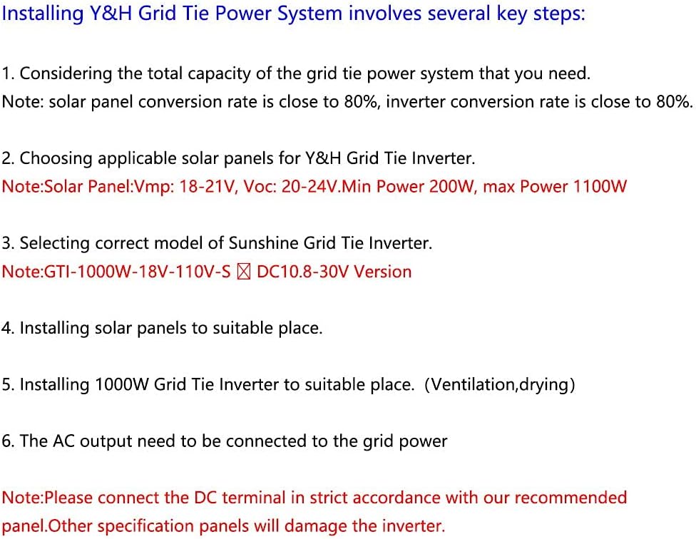 Y&H 1000W Grid Tie Inverter Stackable MPPT Pure Sine Wave DC15-28V Solar Input AC90-140V Output for 12V Solar Panel