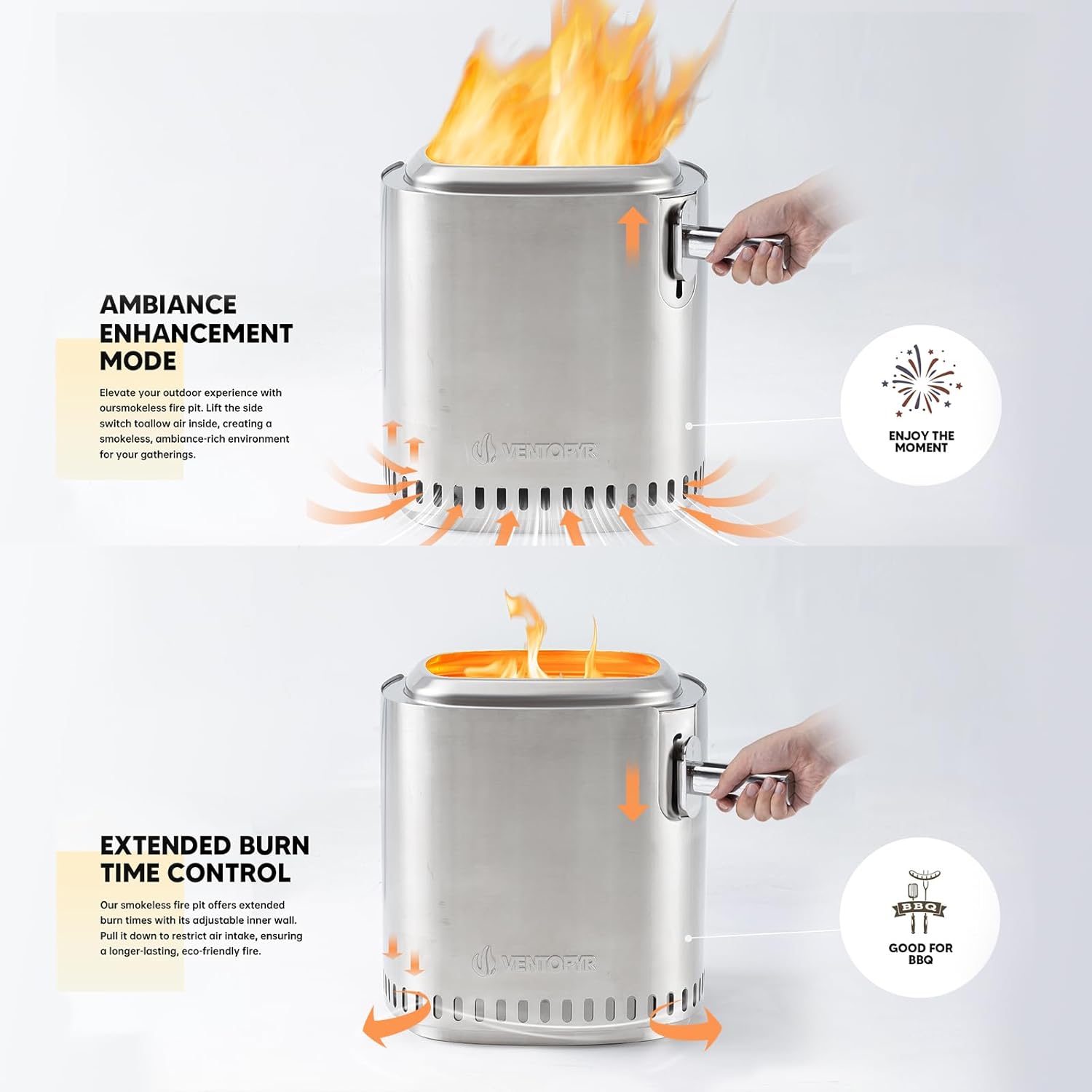 Smokeless Fire Pit, Stainless Steel Stove with Adjustable Firepower, Removable Ash Pan, Portable Camping Fire Table Wood Burning with Grill Grid and Grate for BBQ, Travel