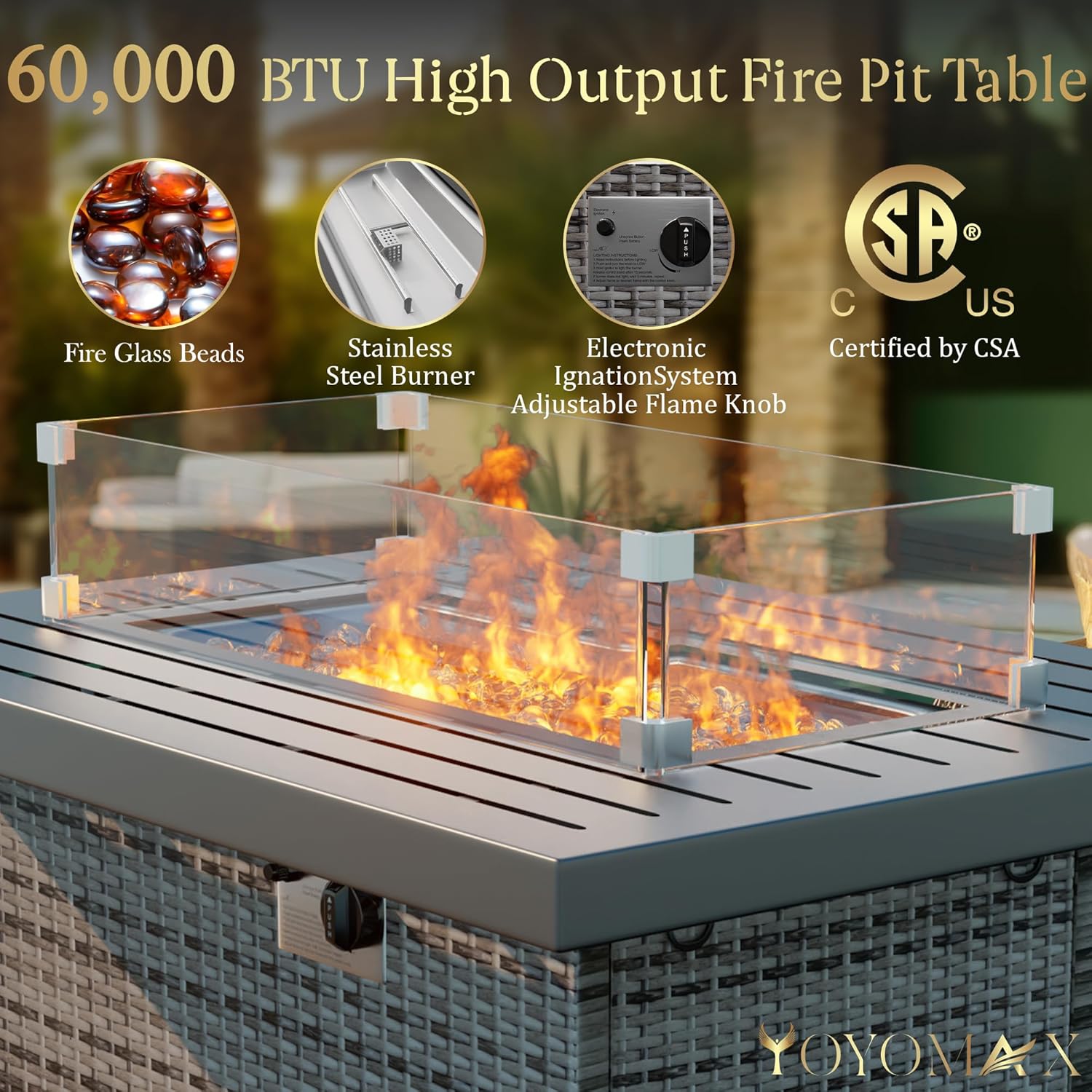 Yoyomax Hand Weave Rattan Propane Fire Pit Table 44-Inch Aluminum Tabletop and Frame, 60,000 BTU Adjustable Flame, Glass Wind & Waterproof Cover & Fire Beads, Idea for Patio, Garden, Resto Hotel