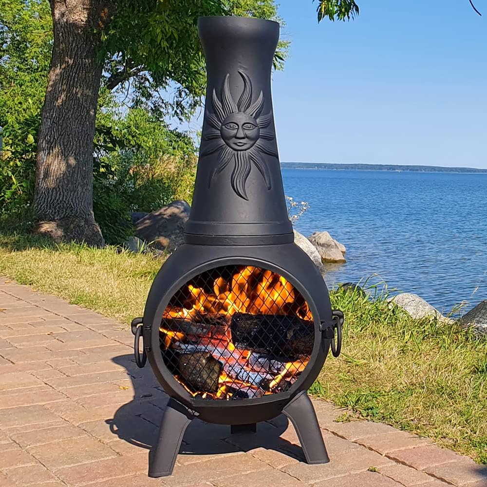 Sun Fire Outdoor Chiminea Fireplace by The Blue Rooster - Cast Aluminum Deck or Patio Firepit 44