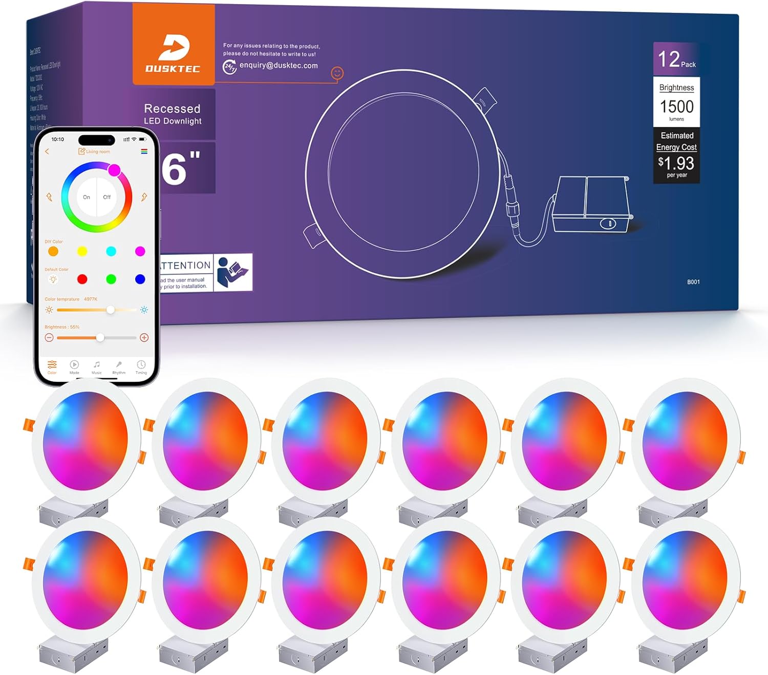 DUSKTEC Smart Recessed Lighting 6 Inch, RGBCW LED Recessed Ceiling Light Work with Alexa, Siri, Google Assistant, Dimmable 16W 1500LM Canless Downlight with Junction Box for Living Room, 12 Pack