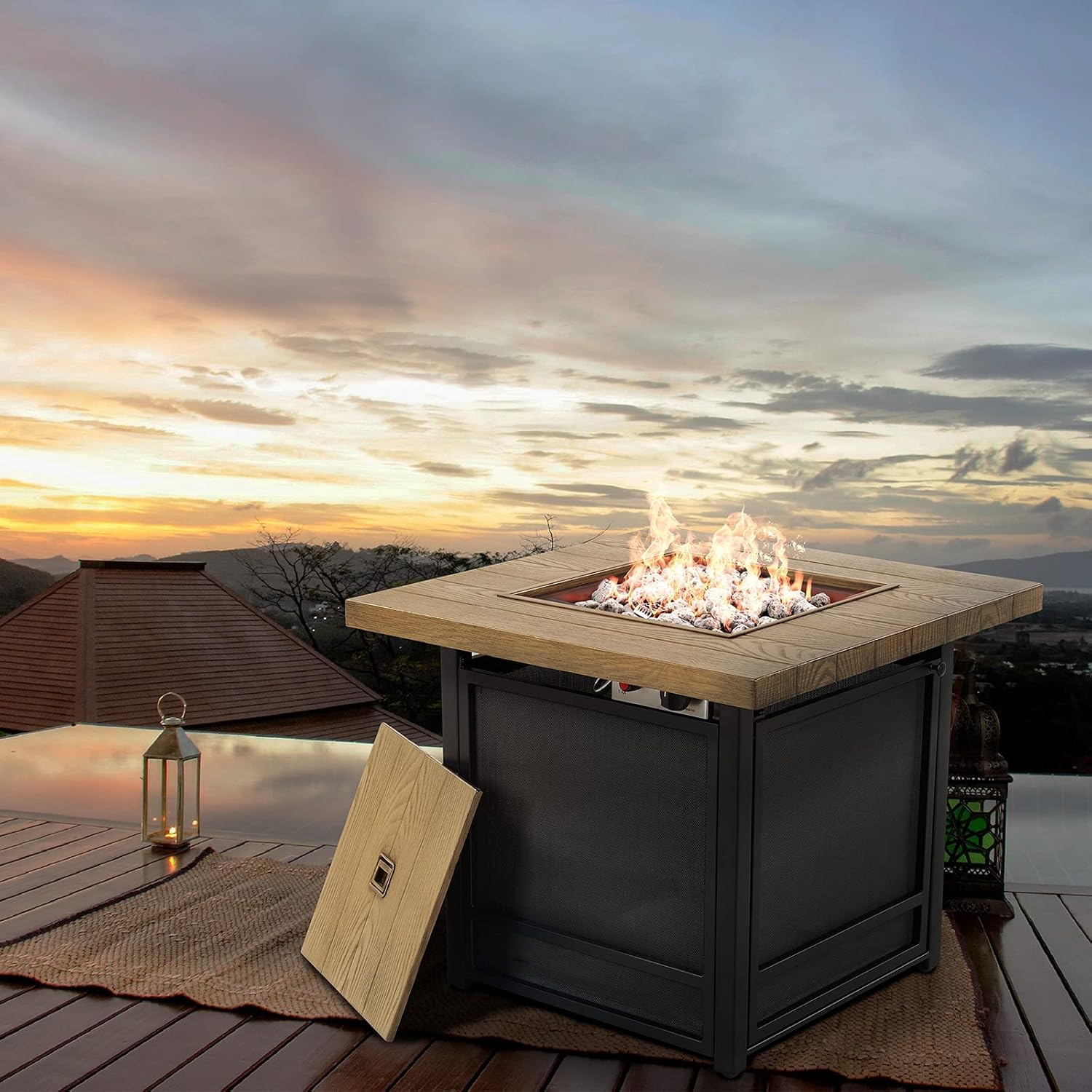 Grand Patio 29 Inch Propane Fire Pit Tables 50000 BTU Outdoor Dinning Gas Fire Table with Lid,CSA Safety Certified,for Garden, Backyard, Deck(Brown-Square)