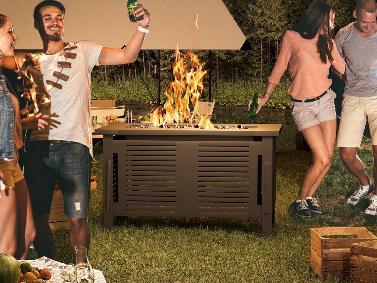 U-MAX Fire Pit Table, 43 Inch Wood Burning BBQ Grill Firepits, Metal Fireplaces with Waterproof Cover, 3 in 1 Fire Pits for Outside Party Barbecue Camping Picnic on Deck Backyard Garden, Black